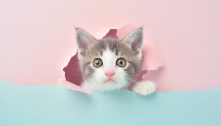 破れた紙から顔を出す子猫
