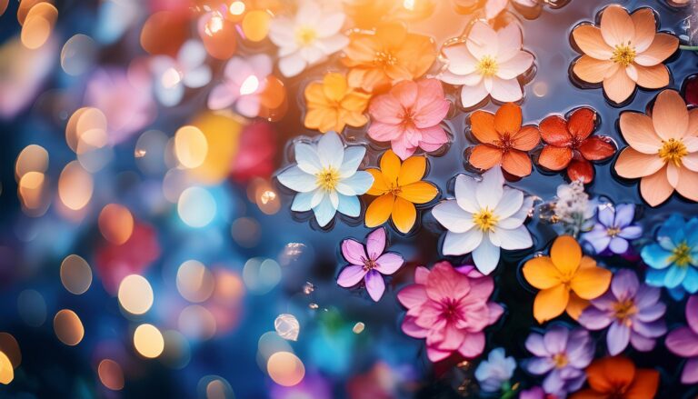 水に浮かんだたくさんのカラフルな花