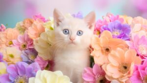 カラフルな花に囲まれた子猫