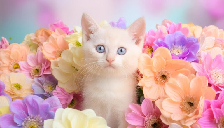 カラフルな花に囲まれた子猫