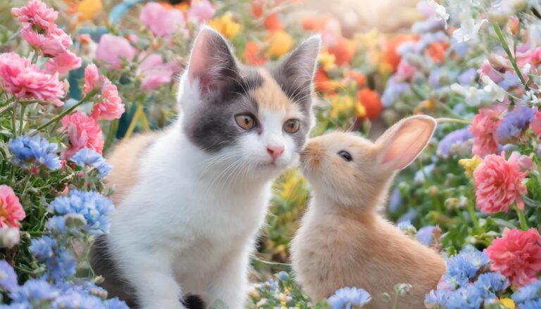 お花に囲まれた三毛猫とウサギ
